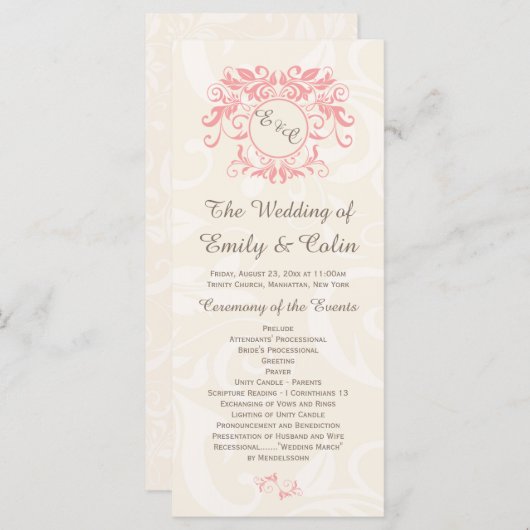 Roze wervelingen op bord damask Wedding Program Programma (Voorkant / Achterkant)