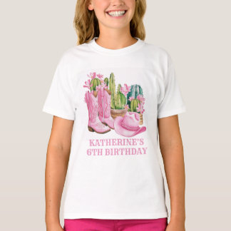 Roze West Cowgirl Cactus Waterverf Verjaardag T-shirt