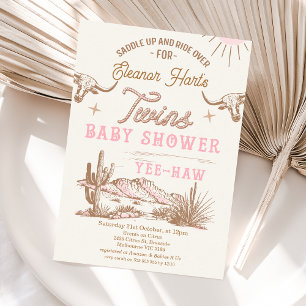 Roze Western Desert Rodeo Twins Baby shower Kaart