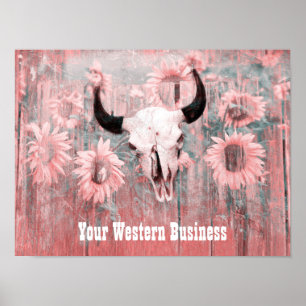 Roze Westerne bull zonnebloemen op hout Poster