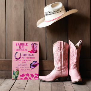 Roze Westerne Cowgirl Eerste Rodeo Meisjes Verjaar Kaart