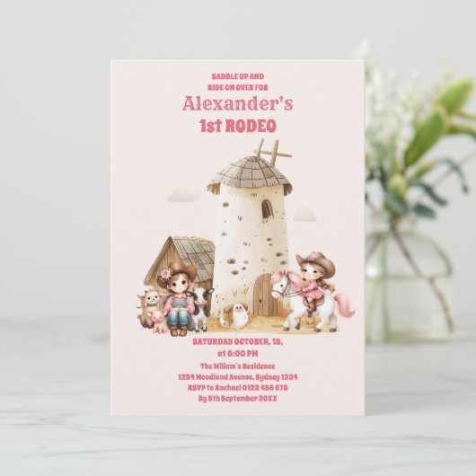 Roze Westerne Eerste verjaardag Rodeo Baby Girl Kaart (Staand voorkant)
