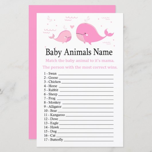 Roze Whale Baby Dieren Naam Game (Voorkant / Achterkant)