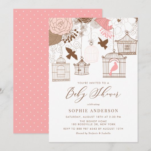 Roze Whimsical Birdcages Baby shower Invitation Kaart (Voorkant / Achterkant)