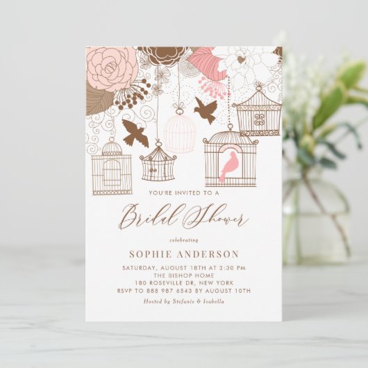 Roze Whimsical Birdcages Bridal Shower Invitation Kaart (Staand voorkant)
