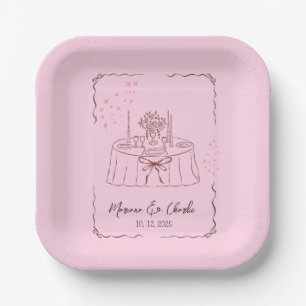 Roze Whimsical Handgetekende Geïllustreerde Huweli Papieren Bordje