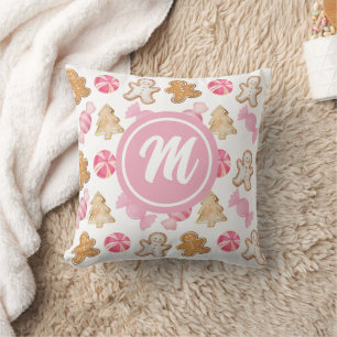 Roze Whimsical Peperkoek Patroon Monogram Kussen