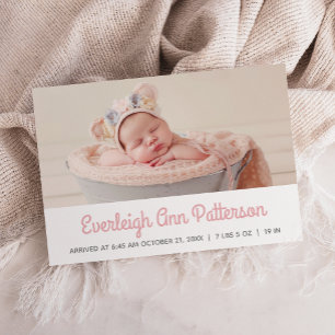 Roze White Baby Girl Aangepaste foto retro geboort Aankondiging