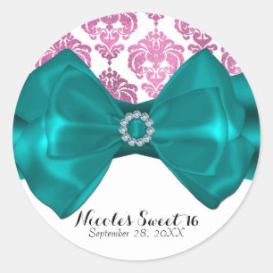 Roze & White Damask Blauwgroen Bow Glam Sweet 16 P Ronde Sticker