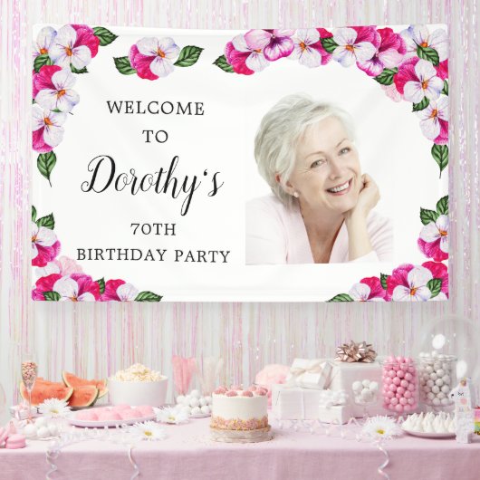 Roze White Floral 70th Birthday Welcome Spandoek (Feest)