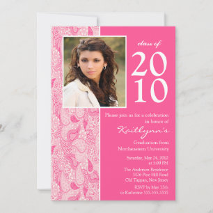 Roze & White Paisley Photo Afstuderen Invitation Kaart