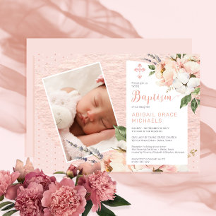 Roze   White Peony Blooms Girl Baby Photo Baptisme Kaart