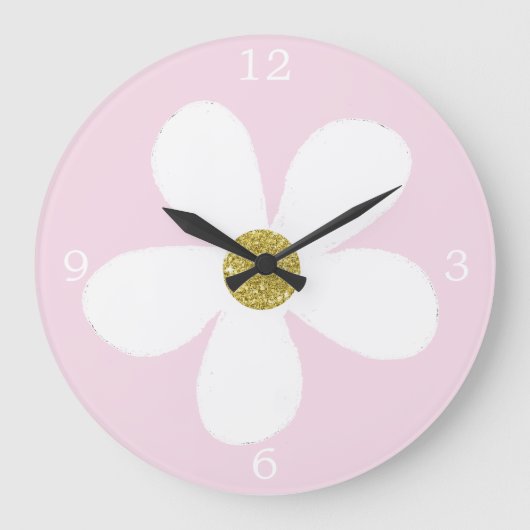 Roze White Simple Daisy Gold Grote Klok (Voorkant)