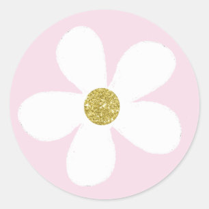Roze White Simple Daisy Gold Ronde Sticker