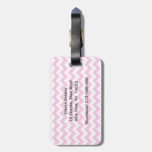 Roze Wht Chevron Zigzag Lila Quatrefoil Monogram Bagagelabel (Achterkant verticaal)