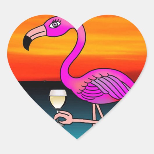 Roze wijn drinkende Flamingo Hart Sticker (Voorkant)