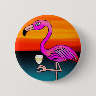 Roze wijn drinkende Flamingo Ronde Button 5,7 Cm
