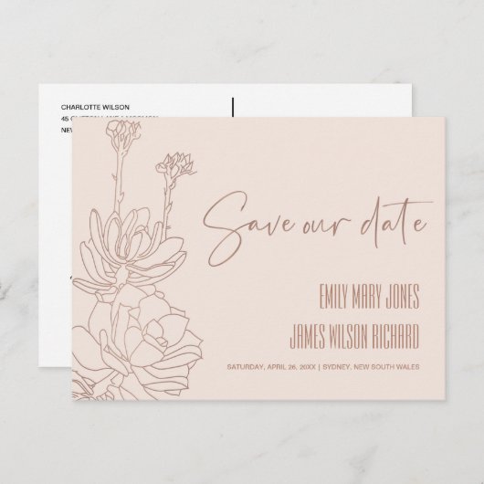 ROZE WIJSTIJL CACTUS VETPLANT SCHETS SAVE THE DATE AANKONDIGINGSKAART (Voorkant / Achterkant)