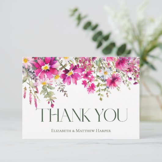 Roze Wildbloemen bloemenbruiloft dank u Kaart (Staand voorkant)