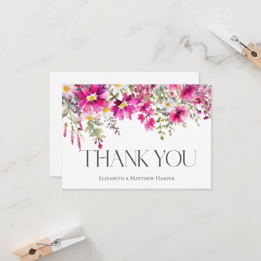 Roze Wildbloemen bloemenbruiloft dank u Kaart (Voorkant / Achterkant in situ)