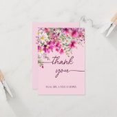 Roze Wildbloemen bloemenkalligrafie Dank u Kaart (Voorkant / Achterkant in situ)