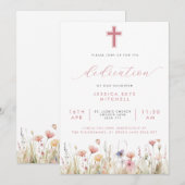 Roze Wildbloemen Cross & Script Baby Toewijding in Kaart (Voorkant / Achterkant)