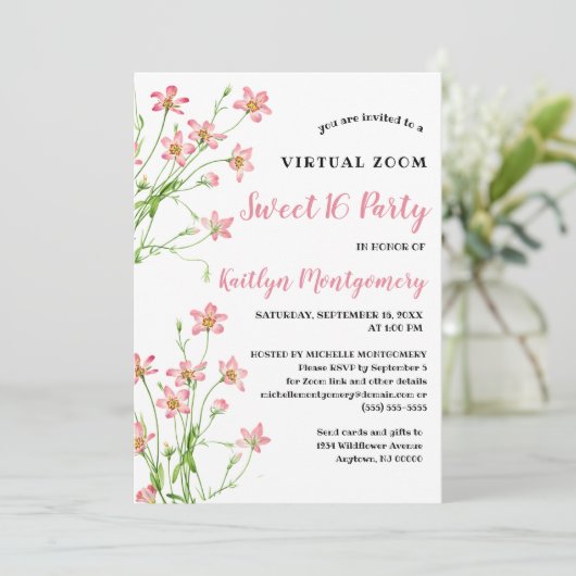 Roze Wildbloemen Virtual Sweet 16 Verjaardagsfeest Kaart (Staand voorkant)