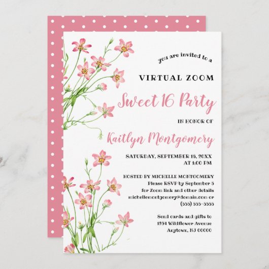 Roze Wildbloemen Virtual Sweet 16 Verjaardagsfeest Kaart (Voorkant / Achterkant)