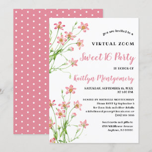 Roze Wildbloemen Virtual Sweet 16 Verjaardagsfeest Kaart