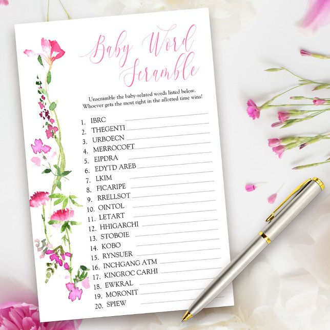 Roze Wilde Baby Word Scramble Showgame (Baby Shower Game Cards from my Pink Wildflower Collection. Message me to create co-ordinating items.)