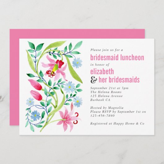 Roze wilde bloem bloemstuk bruidsmeisje luncheon kaart (Voorkant / Achterkant)