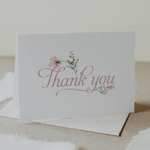 Roze wilde bloem calligrafie babyshower bedankje bedankkaart