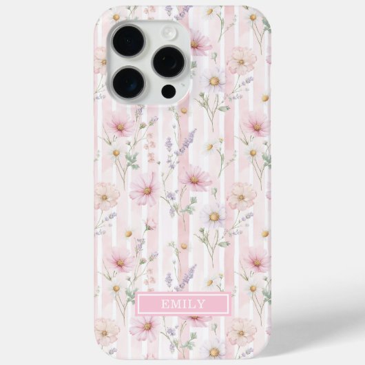 Roze Wilde Bloem Gestreepte Monogram Case-Mate iPhone Case (Achterkant)