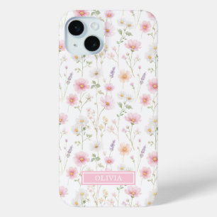 Roze Wilde Bloem Waterverf Monogram iPhone 15 Mini Hoesje
