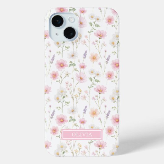 Roze Wilde Bloem Waterverf Monogram Case-Mate iPhone Case (Achterkant)