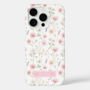 Roze wilde bloem waterverf monogram iPhone 16 pro hoesje