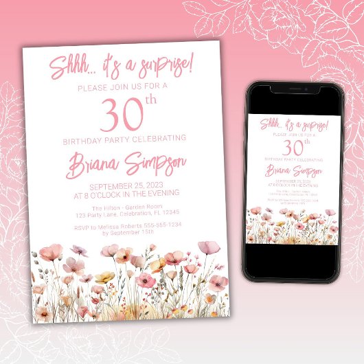 Roze Wilde Bloemen 30e Verjaardagsfeestje Kaart