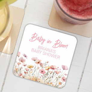 Roze Wilde Bloemen Meisje Baby Shower Vierkante Kartonnen Onderzetter