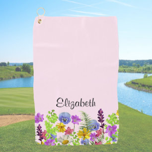 roze wilde bloemen met aangepaste naam Womens Golfhanddoek