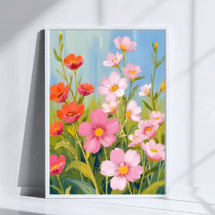 Roze wilde bloemen Waterverf bloemenschilderij Poster