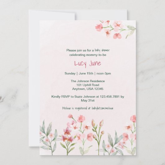 Roze wilde bloementuin babyshower uitnodiging (Voorkant)