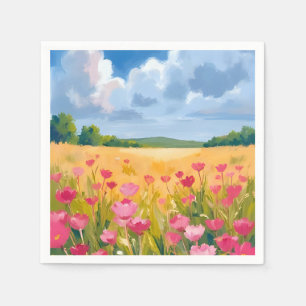 Roze wilde bloemenveld bloemenschildering in water servet