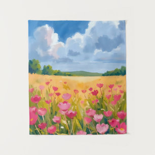 Roze wilde bloemenveld bloemenschildering in water wandkleed