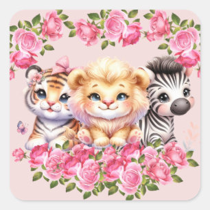 Roze wilde dier meisje baby shower uitnodiging vierkante sticker