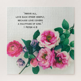 Roze Wilde Roos Vloer Bouquet Love Bijbelse Verse Legpuzzel