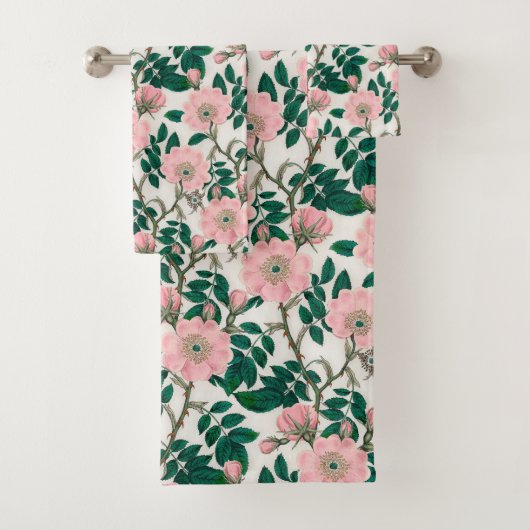 Roze Wilde Rozen Bloemen & Groene bladeren Patroon Bad Handdoek (Insitu)