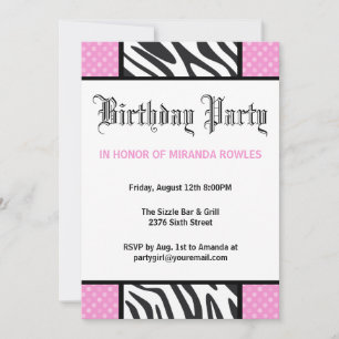 Roze Wilde Tijd Zebra Birthday Party Invitation Kaart