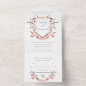 Roze Wilde Waterverf Monogram Crest Weddenschap All In One Uitnodiging (Binnen)