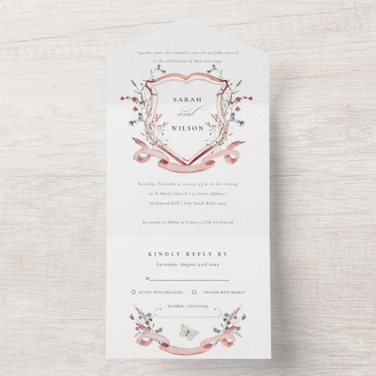 Roze Wilde Waterverf Monogram Crest Weddenschap All In One Uitnodiging (Binnen)