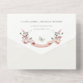 Roze Wilde Waterverf Monogram Crest Weddenschap All In One Uitnodiging (Achterkant)